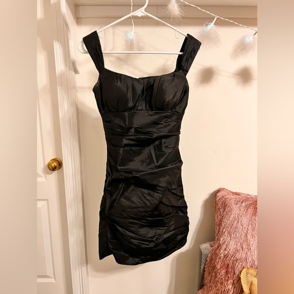 FINAL PRICE Bill Levkoff Ruched Bodycon Satin Ruffle Pleated Mini Dress - Picture 1 of 5